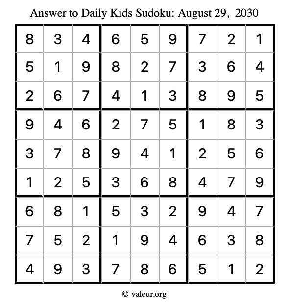 Answer to kids sudoku August 29, 2030