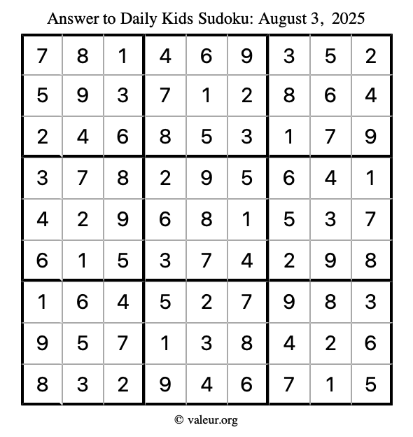 Answer to kids sudoku August 3, 2025