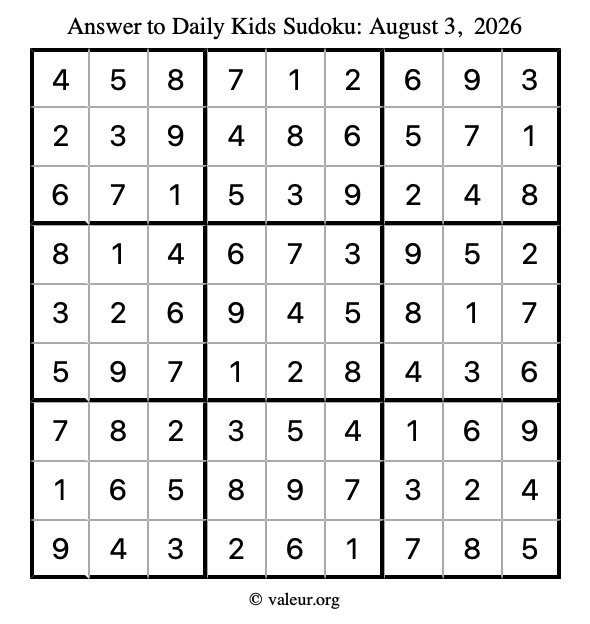 Answer to kids sudoku August 3, 2026