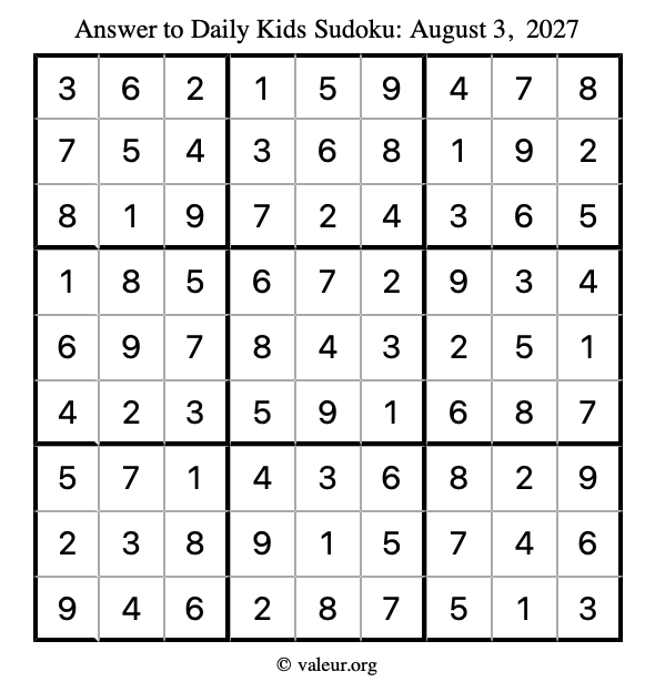 Answer to kids sudoku August 3, 2027