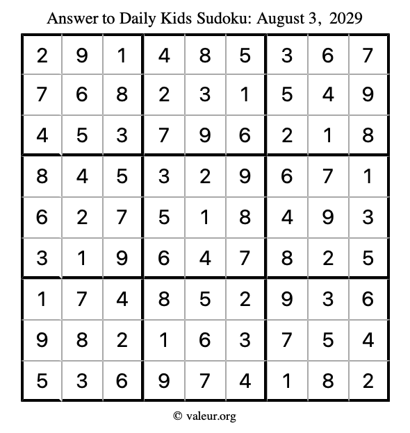 Answer to kids sudoku August 3, 2029