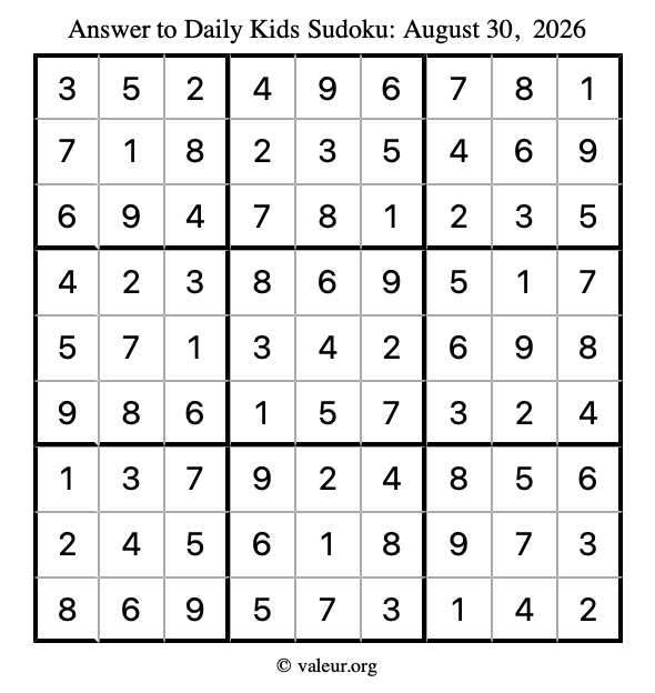 Answer to kids sudoku August 30, 2026