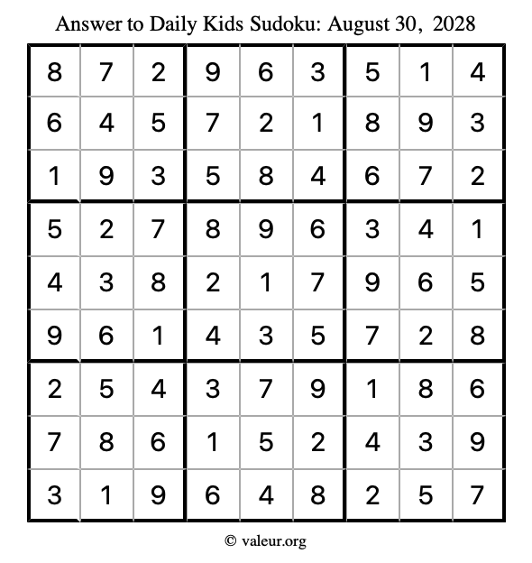 Answer to kids sudoku August 30, 2028