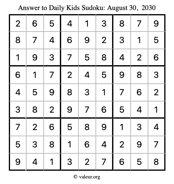 Answer to kids sudoku August 30, 2030