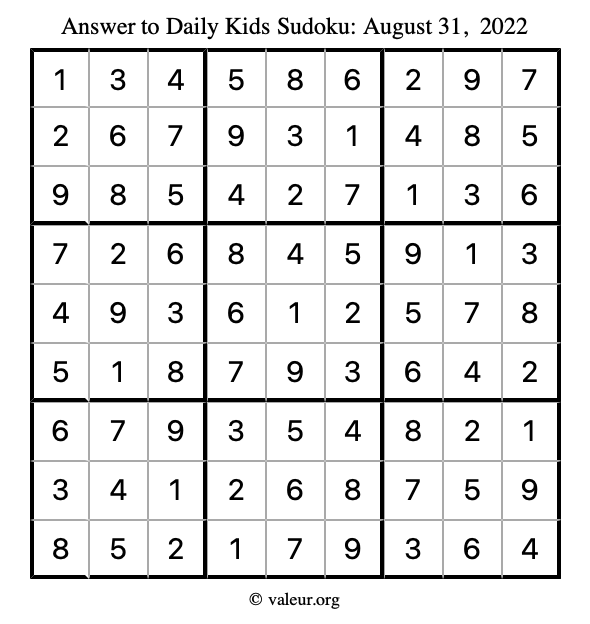 Answer to kids sudoku August 31, 2022