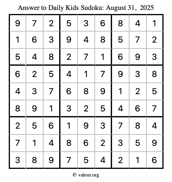 Answer to kids sudoku August 31, 2025