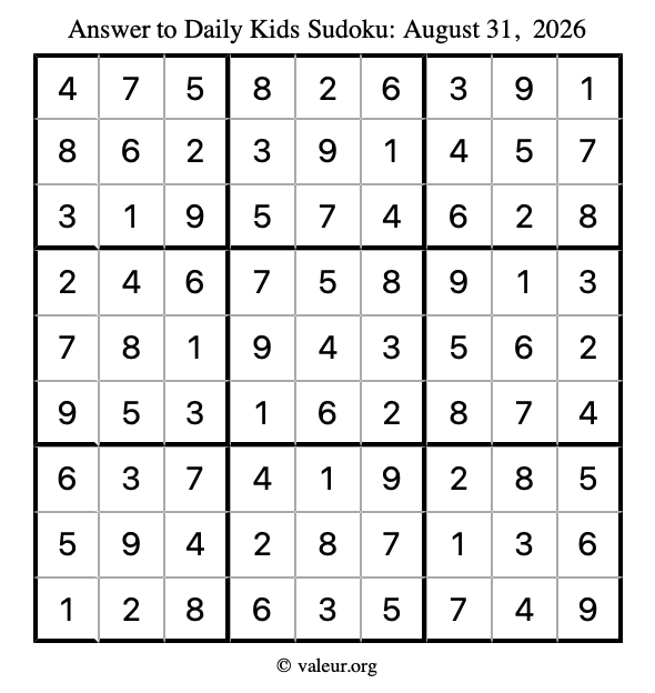 Answer to kids sudoku August 31, 2026