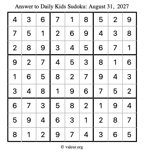 Answer to kids sudoku August 31, 2027