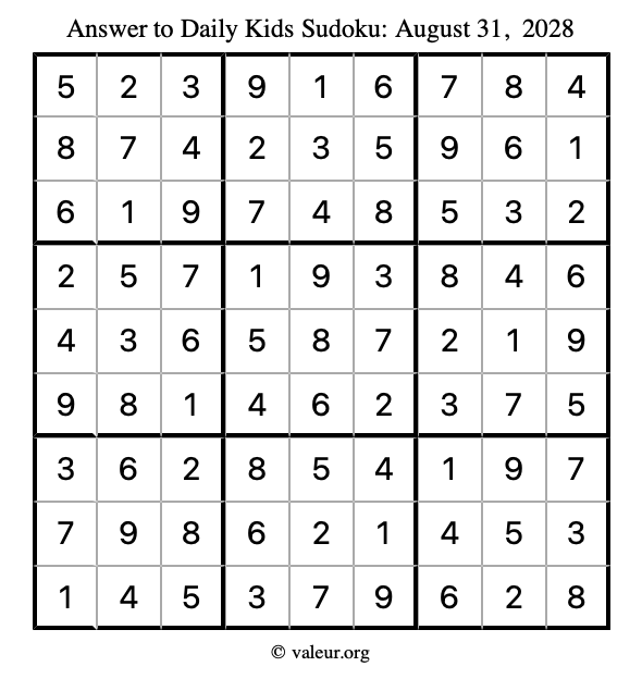 Answer to kids sudoku August 31, 2028