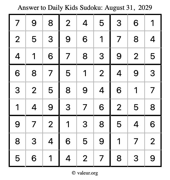 Answer to kids sudoku August 31, 2029