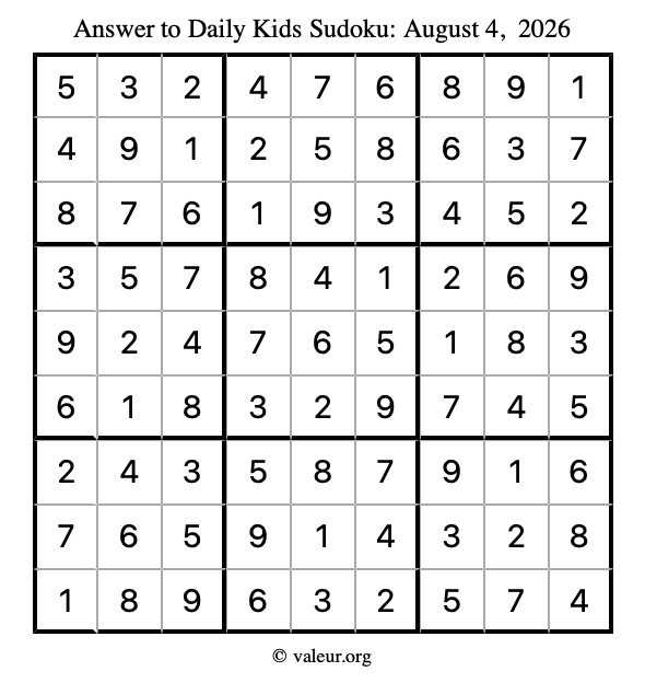 Answer to kids sudoku August 4, 2026