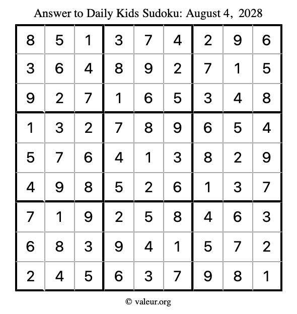 Answer to kids sudoku August 4, 2028