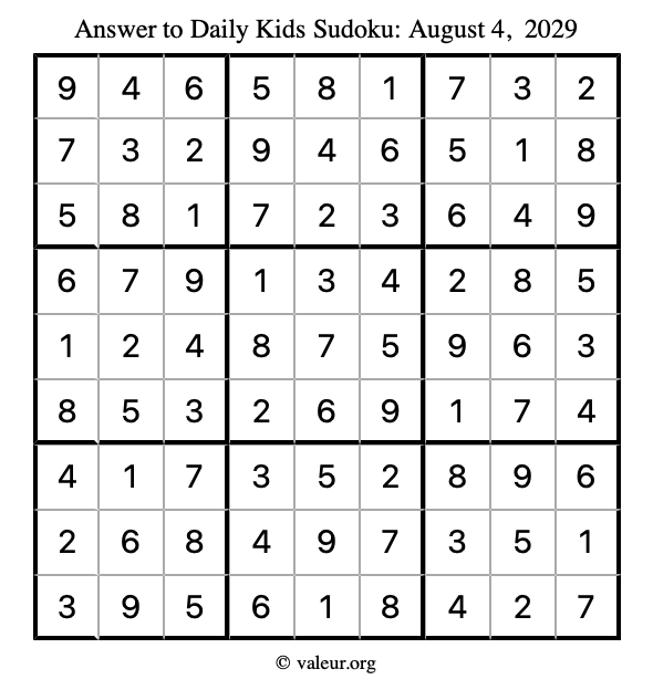 Answer to kids sudoku August 4, 2029