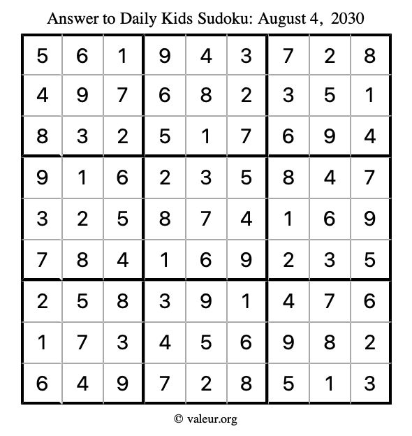 Answer to kids sudoku August 4, 2030
