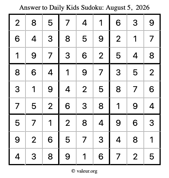 Answer to kids sudoku August 5, 2026
