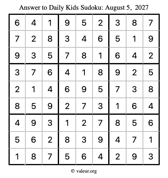 Answer to kids sudoku August 5, 2027