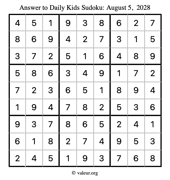 Answer to kids sudoku August 5, 2028