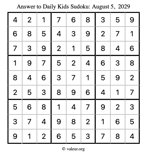 Answer to kids sudoku August 5, 2029