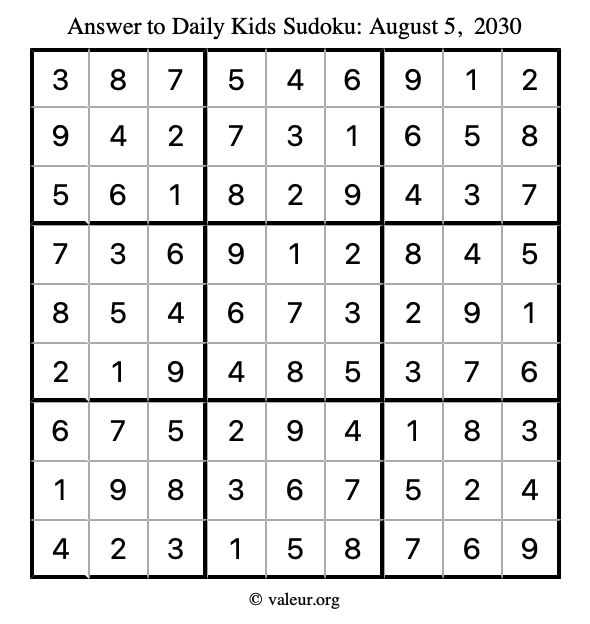 Answer to kids sudoku August 5, 2030