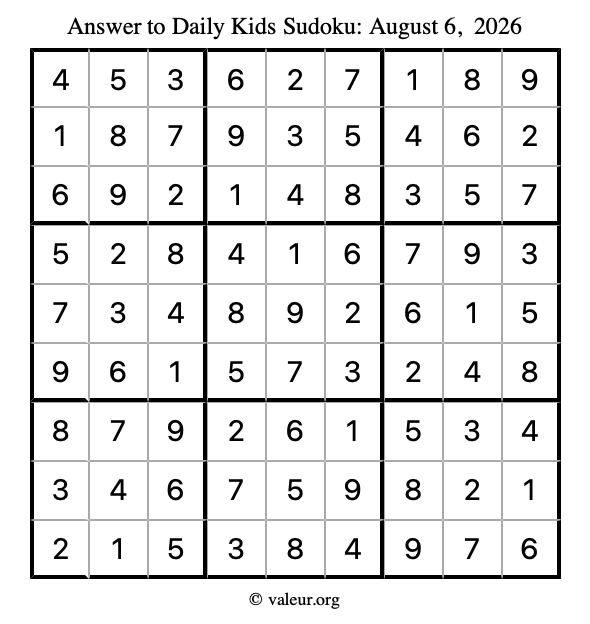 Answer to kids sudoku August 6, 2026