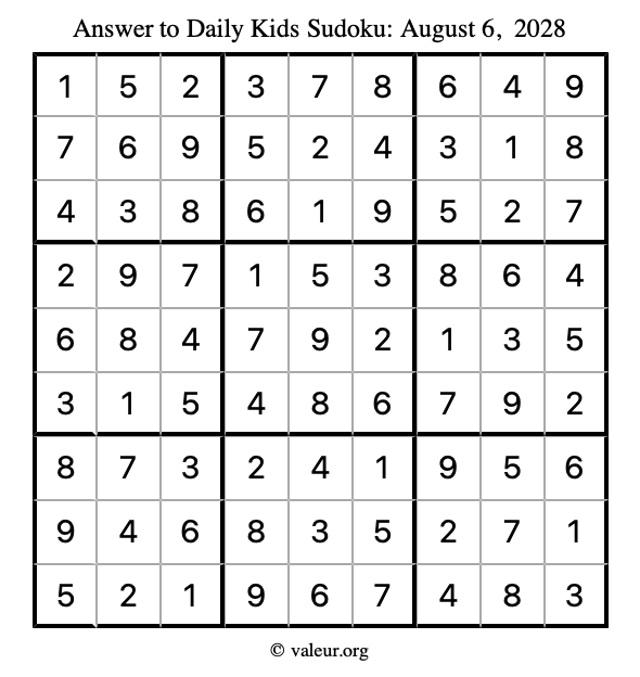 Answer to kids sudoku August 6, 2028