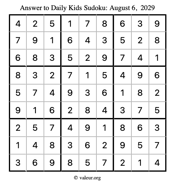 Answer to kids sudoku August 6, 2029