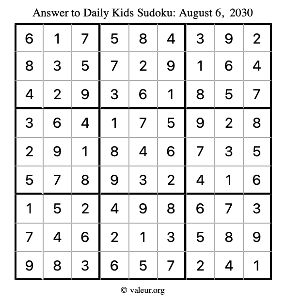 Answer to kids sudoku August 6, 2030