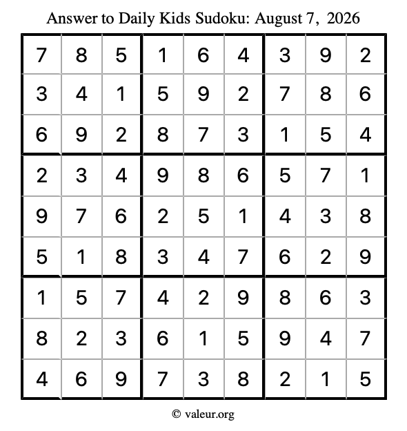 Answer to kids sudoku August 7, 2026
