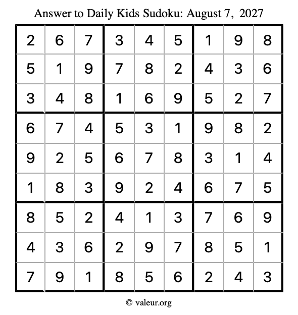 Answer to kids sudoku August 7, 2027