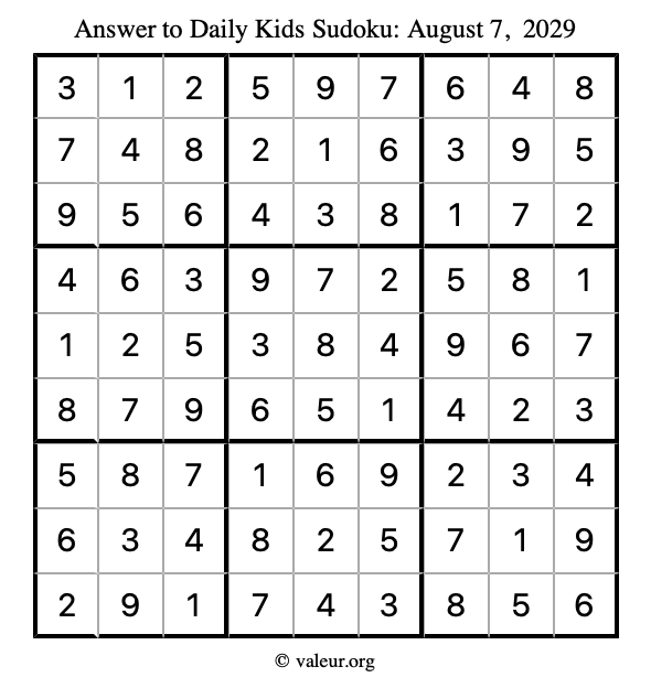 Answer to kids sudoku August 7, 2029