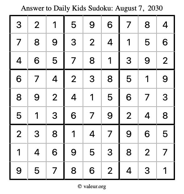 Answer to kids sudoku August 7, 2030