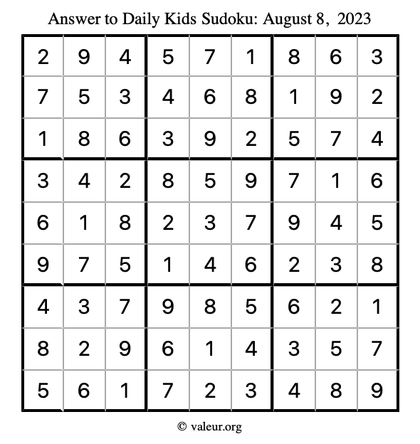 Answer to kids sudoku August 8, 2023