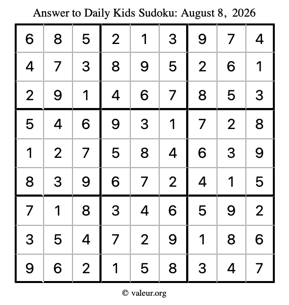 Answer to kids sudoku August 8, 2026
