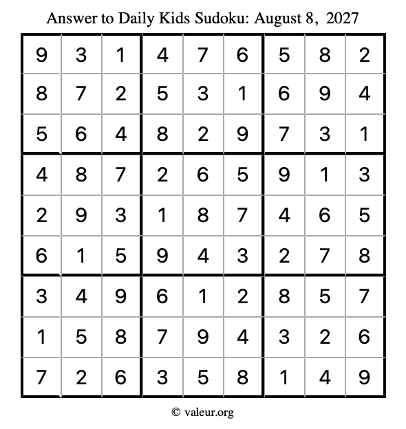 Answer to kids sudoku August 8, 2027