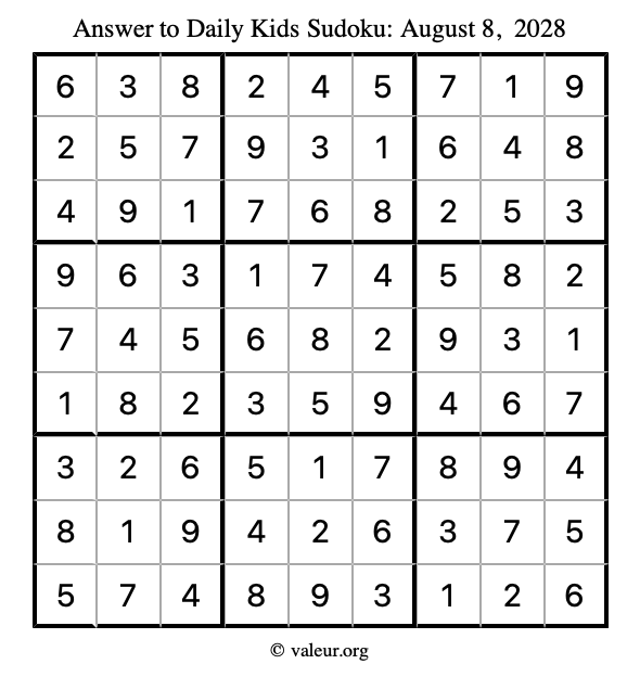 Answer to kids sudoku August 8, 2028