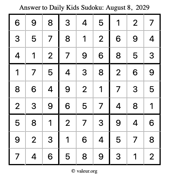 Answer to kids sudoku August 8, 2029