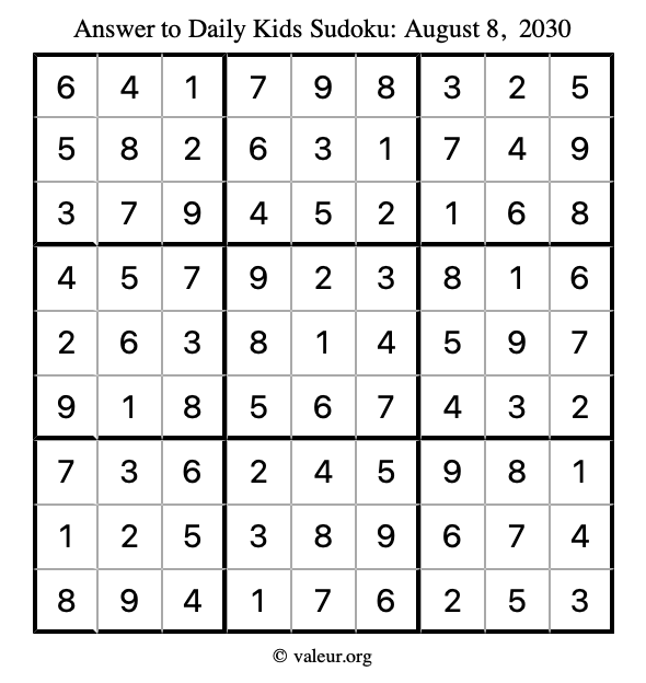 Answer to kids sudoku August 8, 2030