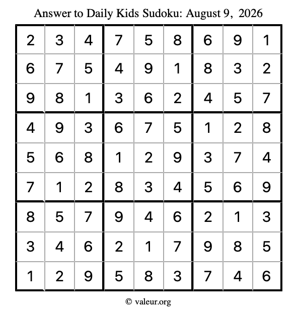 Answer to kids sudoku August 9, 2026