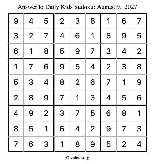 Answer to kids sudoku August 9, 2027