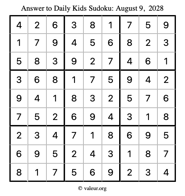 Answer to kids sudoku August 9, 2028