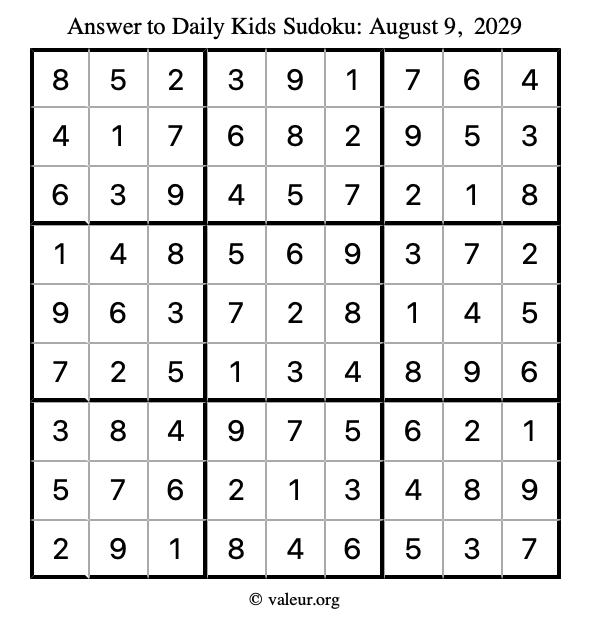 Answer to kids sudoku August 9, 2029