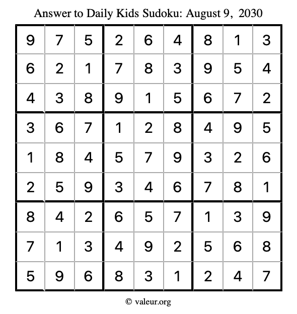 Answer to kids sudoku August 9, 2030
