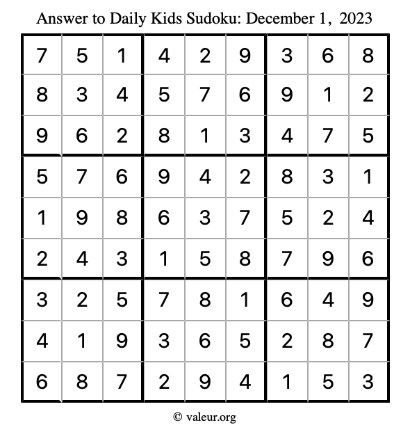Answer to kids sudoku December 1, 2023