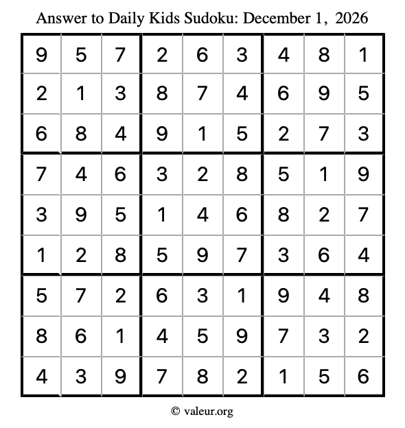 Answer to kids sudoku December 1, 2026