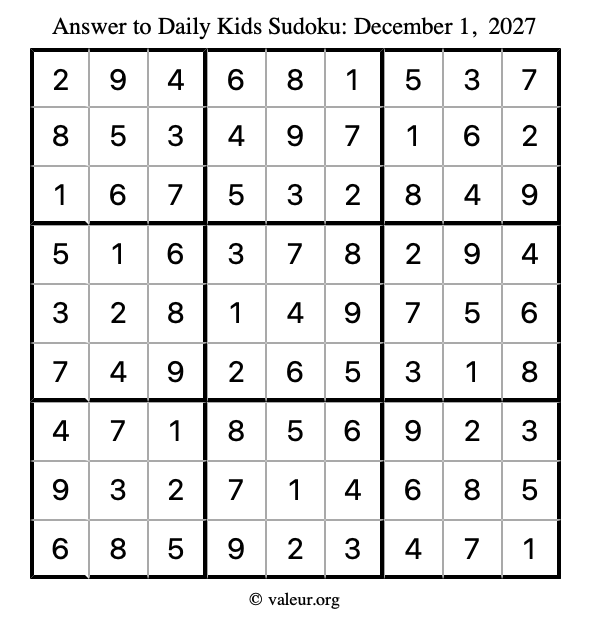 Answer to kids sudoku December 1, 2027