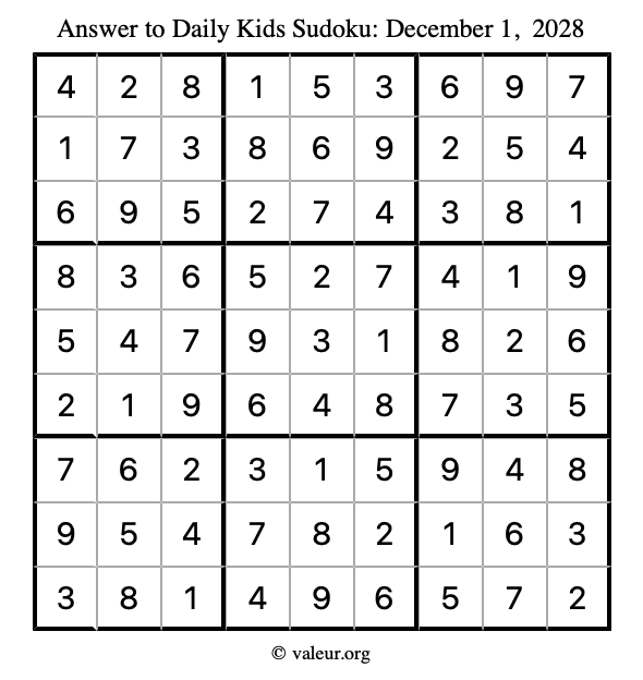 Answer to kids sudoku December 1, 2028