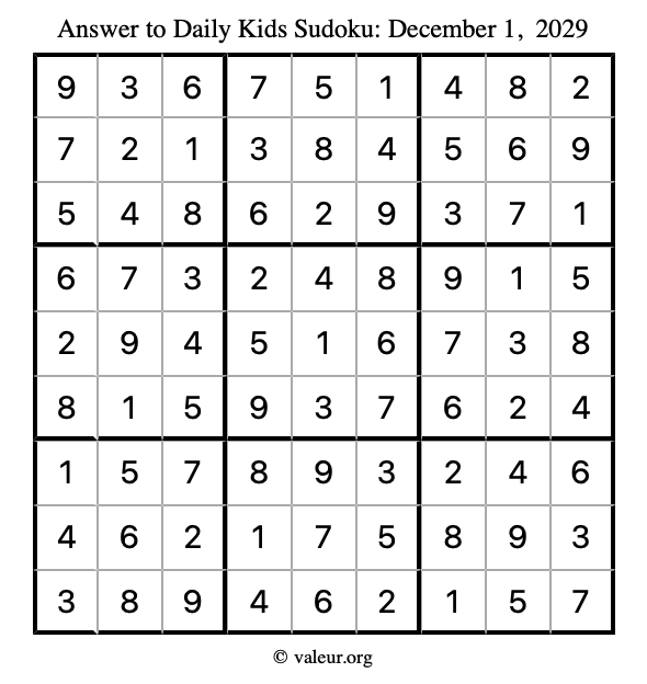 Answer to kids sudoku December 1, 2029