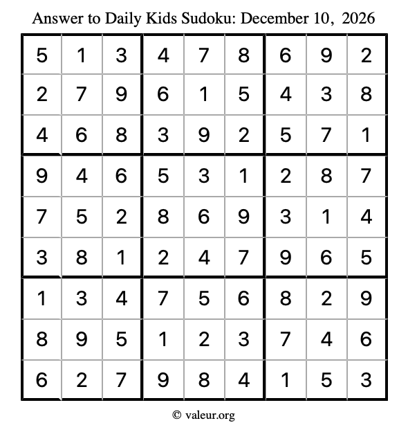 Answer to kids sudoku December 10, 2026