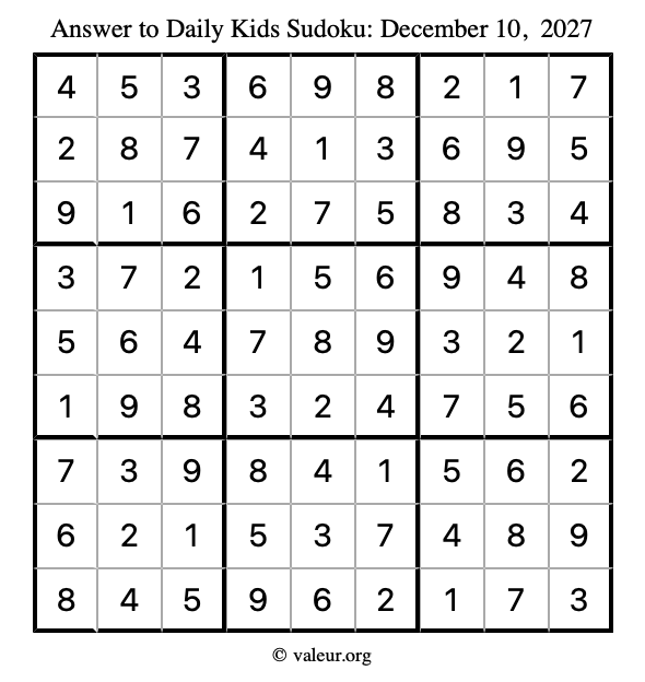 Answer to kids sudoku December 10, 2027