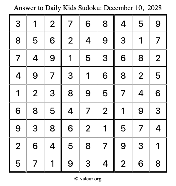 Answer to kids sudoku December 10, 2028